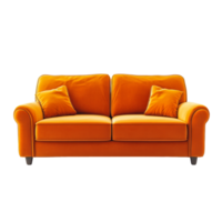 Soft orange couch with cushions on a clean transparent background perfect for modern living spaces, orange couch isolated on transparent background png