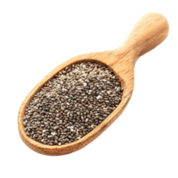 Chia seeds in a wooden spoon isolated against a bright background showcasing their texture and shape, Chia seeds in wood spoon isolated on transparent background png