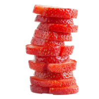 A vibrant stack of sliced strawberries displayed against a bright transparent background showcasing fresh, juicy fruit, stack of sliced strawberries isolated on transparent background png