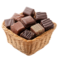 A delightful basket filled with assorted chocolate squares on a transparent background, Basket of Square of Chocolates on transparent background png