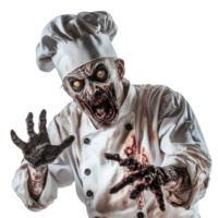 Scary chef zombie with a menacing expression reaching out in an eerie kitchen setting, Scary chef cook zombie isolated on transparent background png