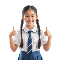 Happy Asian student girl in school uniform shows thumbs up in cheerful pose against a bright background, Happy Asian student girl in school uniform show thumbs up isolated transparent background png