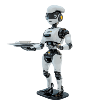 robô garçom segurando uma bandeja com uma copo em uma transparente fundo dentro uma moderno jantar contexto, robô garçom ou chefe de cozinha cozinhar em transparente fundo png