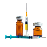 Assorted syringes alongside medicine vials displayed on a clean transparent background for medical use, Syringes and medicine bottle isolated on transparent background png