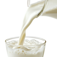 Fresh milk pouring from a jug into a clear glass on a clean transparent background, Milk pouring from a jug into a glass on transparent background png