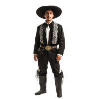 A Mexican man in a traditional Charro suit with striking black boots poses for a cultural showcase, a mexican man wear Charro suit with black boot isolated on transparent background png
