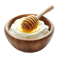 Creamy yogurt drizzled with golden honey in a rustic wooden bowl on a clean transparent background, Honey with yogurt in a wooden bowl on a transparent background png