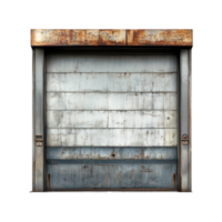 Industrial roll-up door with a metallic frame, featuring a weathered surface, isolated on a transparent background, Industrial RollUp Door in Metallic Frame Isolated on transparent background png