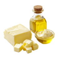 Butter and margarine with oil displayed on a transparent background for culinary and nutritional use, Butter, margarine and oil isolated Stock Photo png