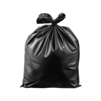 Black garbage bag tied closed resting on a clean transparent surface in a clutter-free environment, Black Garbage Bag isolated on transparent background png