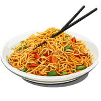 Delicious chow mein with colorful vegetables served in a transparent bowl, accompanied by chopsticks against a clean transparent background, Chow mein japanese food Isolated transparent background png