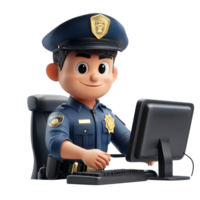 Playful police officer character working at a workstation in an engaging setting, 3D Police Officer Character at Workstation on transparent background png