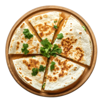 Delicious quesadilla slices with fresh cilantro served on a rustic wooden plate in a bright, inviting kitchen, quesadilla on wooden plate, top view, isolated transparent background png