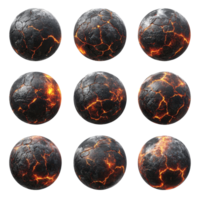 Burnt planets resembling charred celestial bodies with fiery cracks displayed in a grid formation, Set Burnt Planets, Charred Celestial Bodies with Fiery Cracks, Isolated on transparent background png