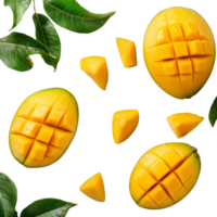 Fresh organic mango cut into cubes, garnished with leaves on a clean transparent background for a vibrant display, Fresh organic mango on a transparent background png