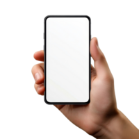 Hand holding a mobile phone mockup with a blank screen for design and marketing showcases, Mobile phone mockups, smartphone screen mock up frame in hand isolated on transparent background png