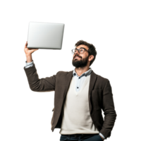 A male teacher confidently holds up a laptop while standing in a modern classroom setting, a man teacher standing up while holding up a laptop, file of isolated object on transparent background png