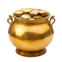 Golden pot filled with shiny coins resting on a clean transparent background, Golden Pot Full of Coins on transparent background png