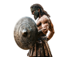 A solitary ancient Greek warrior stands ready for battle with sword and shield in a bold pose, ancient greek warrior man sword and shield isolated on transparent background png
