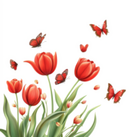 A vibrant display of red tulips and fluttering butterflies on a bright transparent background celebrating springtime beauty, red tulips and butterflies isolated on transparent background png