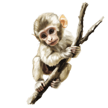 A young monkey clings to a branch against a bright transparent background, showcasing its playful curiosity, Monkey on a branch isolated transparent backgroundIA generative png