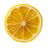 Top view of a ripe lemon slice showcasing its bright yellow texture and natural segments, Top view of textured ripe slice of lemon citrus fruit isolated on transparent background png