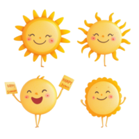 Smiling sun characters celebrating summer with cheerful signs in a vibrant, sunny atmosphere, Smiling Sun Characters Holding Happy Summer Signs on transparent background png
