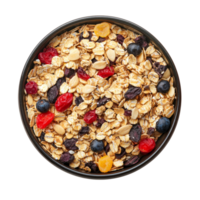 A bowl of colorful muesli with nuts, fruits, and oats arranged on a transparent background for healthy breakfast ideas, muesli in bowl isolated on transparent background png