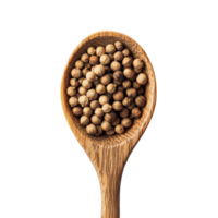 Coriander seeds nestled in a wooden spoon, set against a pristine transparent background for a fresh, natural look, Coriander seeds in wood spoon on transparent background png
