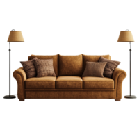 acogedor marrón sofá con decorativo almohadas y elegante piso lamparas en un suave alfombra en un bien iluminado habitación, marrón sofá con almohada alfombra y piso lámpara aislado en transparente antecedentes png