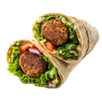 Delicious fresh falafel wrap filled with crisp vegetables on a clean transparent background, Fresh falafel wrap on a transparent background png