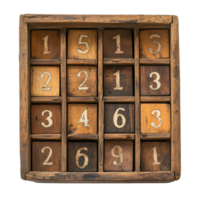 Vintage wooden box with numbered compartments on a transparent background showcasing unique design and craftsmanship, wooden box with numbers on transparent backgroundfile png