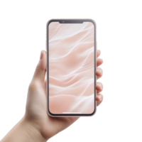 Hand holding a mobile phone mockup showcasing a smooth textured background in a bright environment, Mobile phone screen mockup in case. Hand holding smartphone display mock up isolated on transparent png