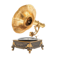 Classic golden gramophone on a transparent background showcasing vintage design and elegance in music history, Classic Golden Gramophone on transparent background png
