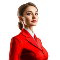 A professional flight attendant in a red uniform posing against a transparent background, showcasing dedication to service, Woman flight attendant on transparent background png