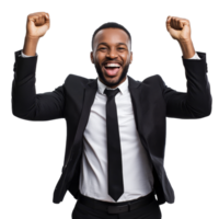 Cheerful businessman celebrating success with joyful expressions and raised arms in a professional setting, PNG file no background Cheerful businessman celebrating with hands up