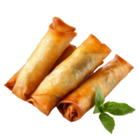 Deliciously fried traditional Chinese spring rolls served fresh with herbs on a clean transparent background, Fried Chinese Traditional Spring rolls food isolated on transparent background png