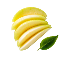 Sliced apple melon displayed on a clean transparent background with fresh green leaf accent, sliced apple melon on transparent background png