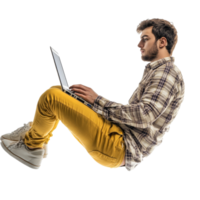 Young man floating in the air while using a laptop in a minimalist setting during daylight, Young Man Floating in the Air Using Laptop, Full Body Isolated on transparent background png