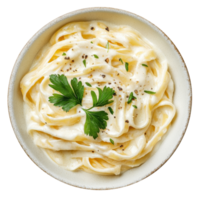 Delicious bowl of fettuccini alfredo garnished with fresh parsley from a top view, a bowl of fettucini alfredo with garnish, top view, isolated transparent background png