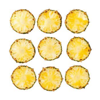 Freshly sliced pineapple pieces arranged in an even pattern on a transparent background for a vibrant and healthy display, Slices of fresh pineapple png