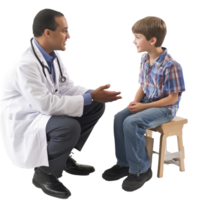 Doctor interacts with a young patient during a consult in a clinical setting, PNG file no background Doctor meeting a young patient