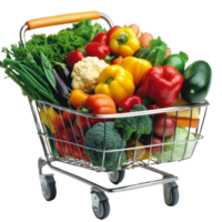 A vibrant shopping cart overflowing with fresh vegetables at a local market during a sunny afternoon, Shopping cart full of fresh vegetables png
