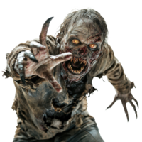 A terrifying zombie with long claws lunges forward against a stark transparent background in a chilling horror atmosphere, Scary Zombie with Claws on transparent background png