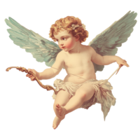Vintage illustration of a charming Cupid in pastel oil paint, showcasing love and affection in a serene setting, Vintage Cupid Illustration in Pastel Oil Paint Style with transparent background png