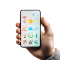 Weather forecast application displayed on smartphone in Lodz, Poland for May conditions, Lodz, Poland May 14 2025 Weather forecast application, mobile app in hand isolated on transparent png