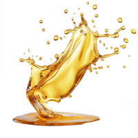 Dynamic splash of golden oil against a clean transparent background, showcasing fluid motion and richness of color, oil splash, 3d render, isolated transparent background png