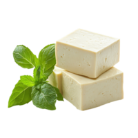 Fresh tofu blocks paired with vibrant mint leaves on a clean transparent background for culinary inspiration, tofu soy and mint isolated on transparent background png