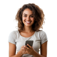 Young woman smiling while using mobile phone against a plain transparent background, young happy woman with mobile phone, isolated transparent background png