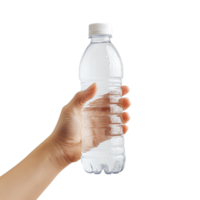 A hand holds a clear water bottle against a simple transparent background in a bright setting, Hand Holding a Water Bottle on transparent background png
